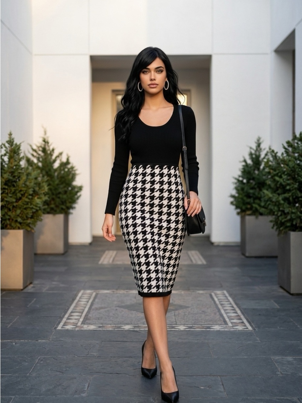 Studio One Women’s SML Houndstooth Midi Pencil Bodycon Dress Business Office EUC